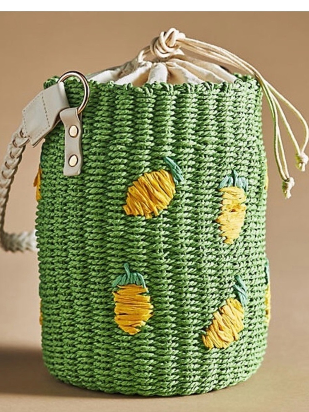Green 🍋 Lemon Embroidered Woven Bucket Bag - Anthropologie